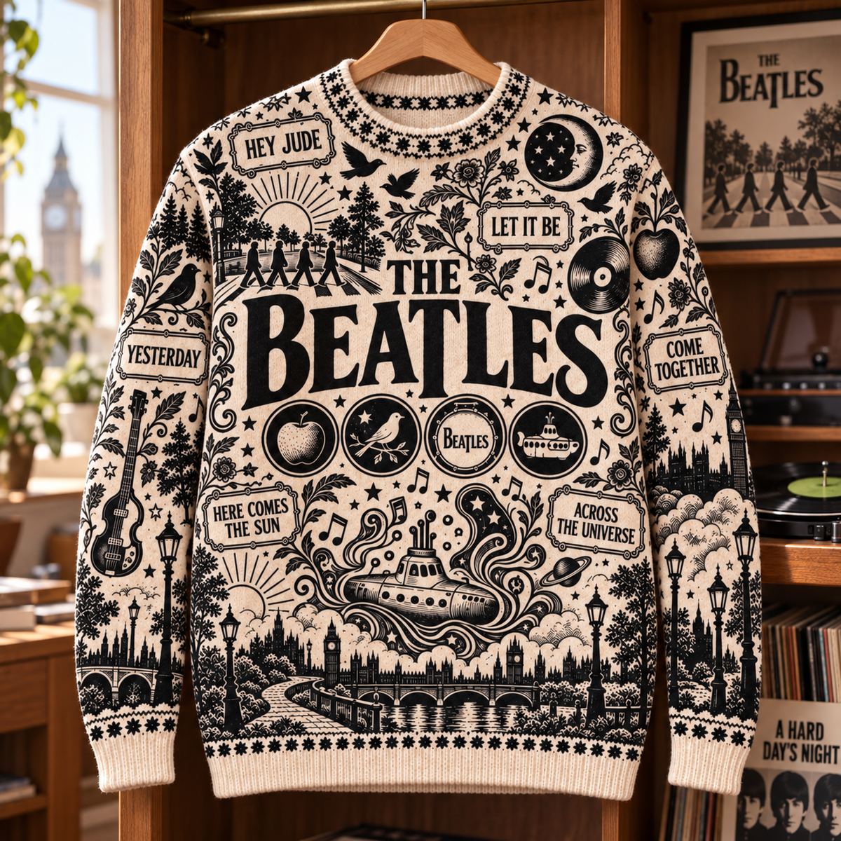 The Beatles Wool Sweater, Vintage Abbey Road Graphic Knit Jumper, Yellow Submarine London Rock Sweater, Retro Music Lover Gift