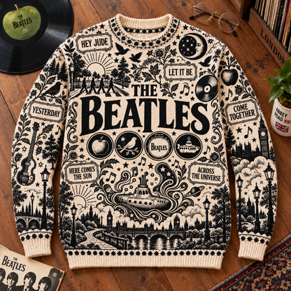 The Beatles Wool Sweater, Vintage Abbey Road Graphic Knit Jumper, Yellow Submarine London Rock Sweater, Retro Music Lover Gift