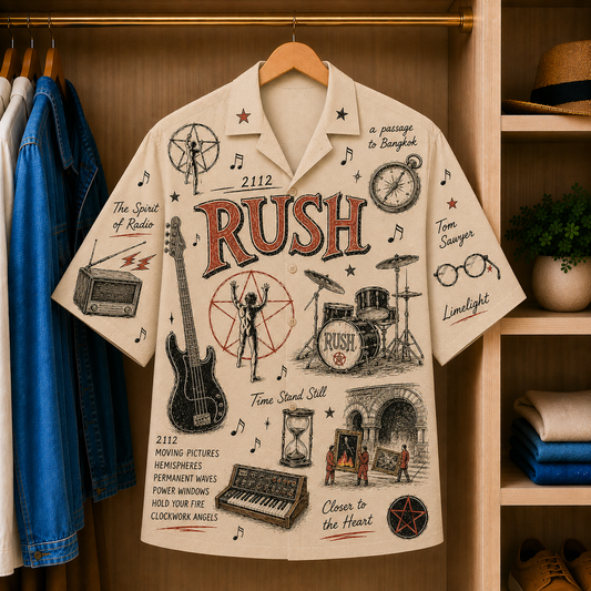 Rush Vintage Sketch Hawaiian Shirt - 2112 Button Up Shirt with Tom Sawyer, Limelight and Progressive Rock Artwork