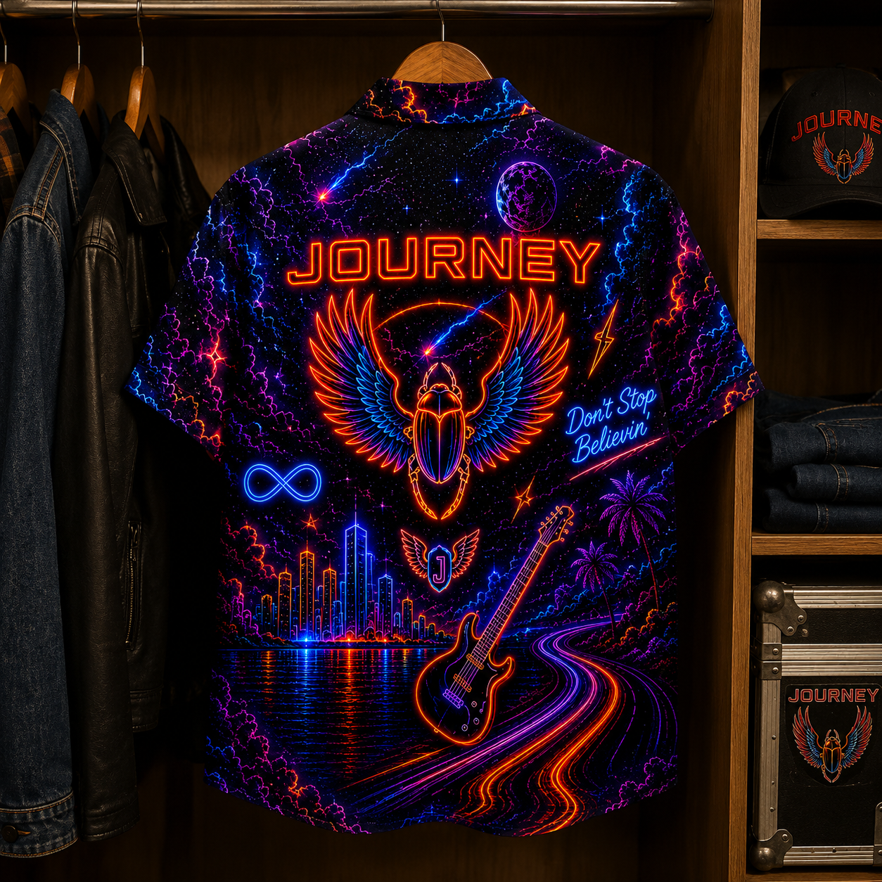 Journey Neon Hawaiian Shirt - Punk Rock Band All Over Print Hawaiian Shirt - Retro Music Summer Button Up Shirt