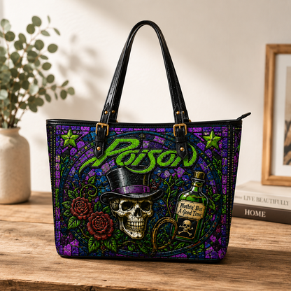 Poison Leather Handbag, Leather Tote Bag, Leather Wallet Set - Stained Glass Mosaic Poison Band Fan Gift, Luxury Rock Music Accessories