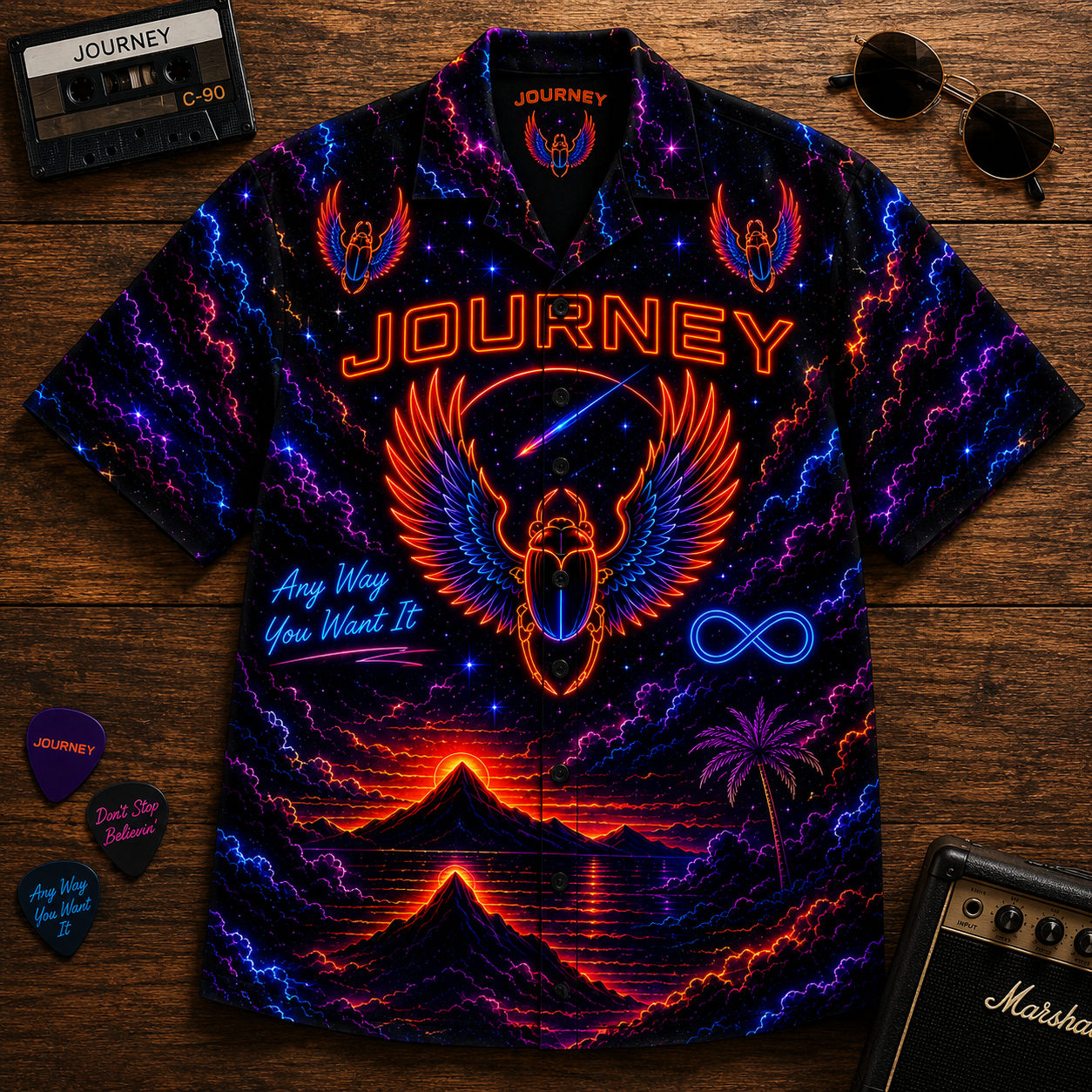 Journey Neon Hawaiian Shirt - Punk Rock Band All Over Print Hawaiian Shirt - Retro Music Summer Button Up Shirt