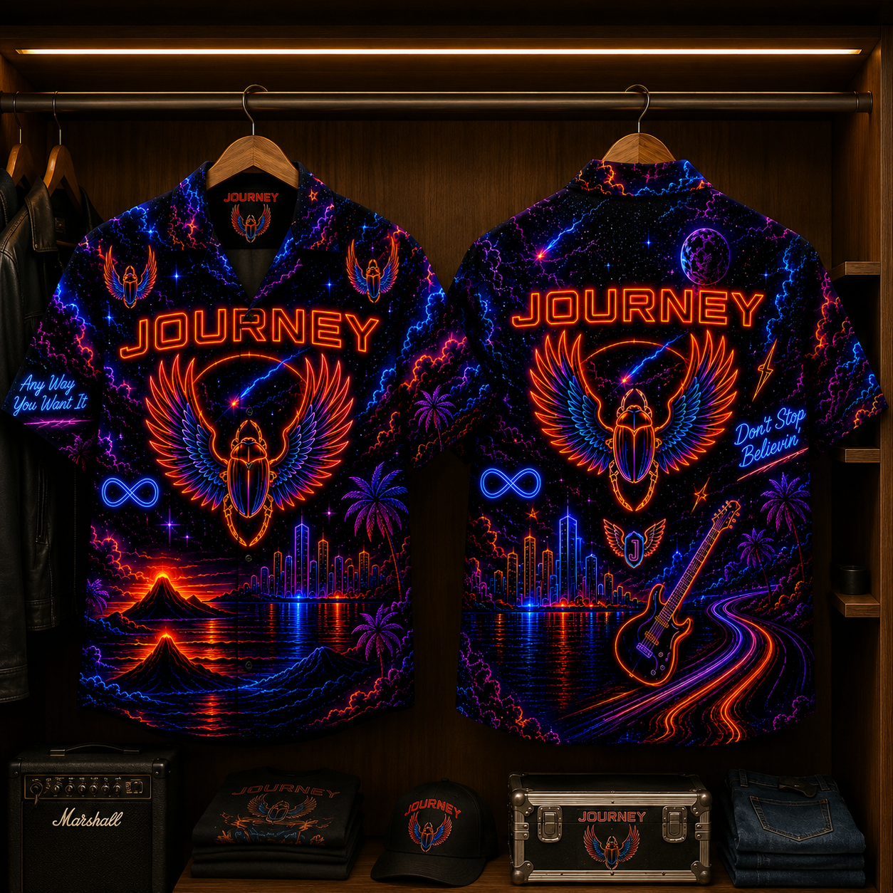 Journey Neon Hawaiian Shirt - Punk Rock Band All Over Print Hawaiian Shirt - Retro Music Summer Button Up Shirt