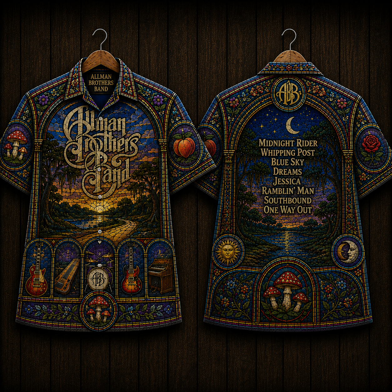 Allman Brothers Band Stained Glass Hawaiian Shirt - Midnight Rider Southern Rock All Over Print Button Up Shirt - Allman Brothers Fan Gift