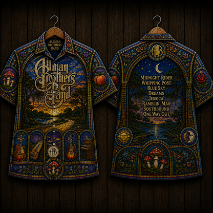 Allman Brothers Band Stained Glass Hawaiian Shirt - Midnight Rider Southern Rock All Over Print Button Up Shirt - Allman Brothers Fan Gift