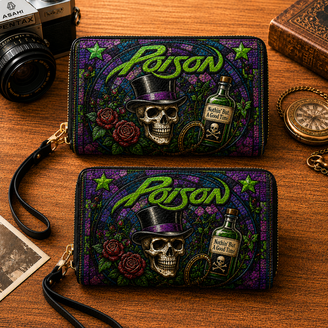 Poison Leather Handbag, Leather Tote Bag, Leather Wallet Set - Stained Glass Mosaic Poison Band Fan Gift, Luxury Rock Music Accessories