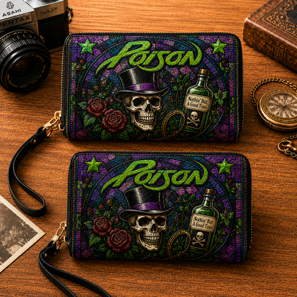Poison Leather Handbag, Leather Tote Bag, Leather Wallet Set - Stained Glass Mosaic Poison Band Fan Gift, Luxury Rock Music Accessories