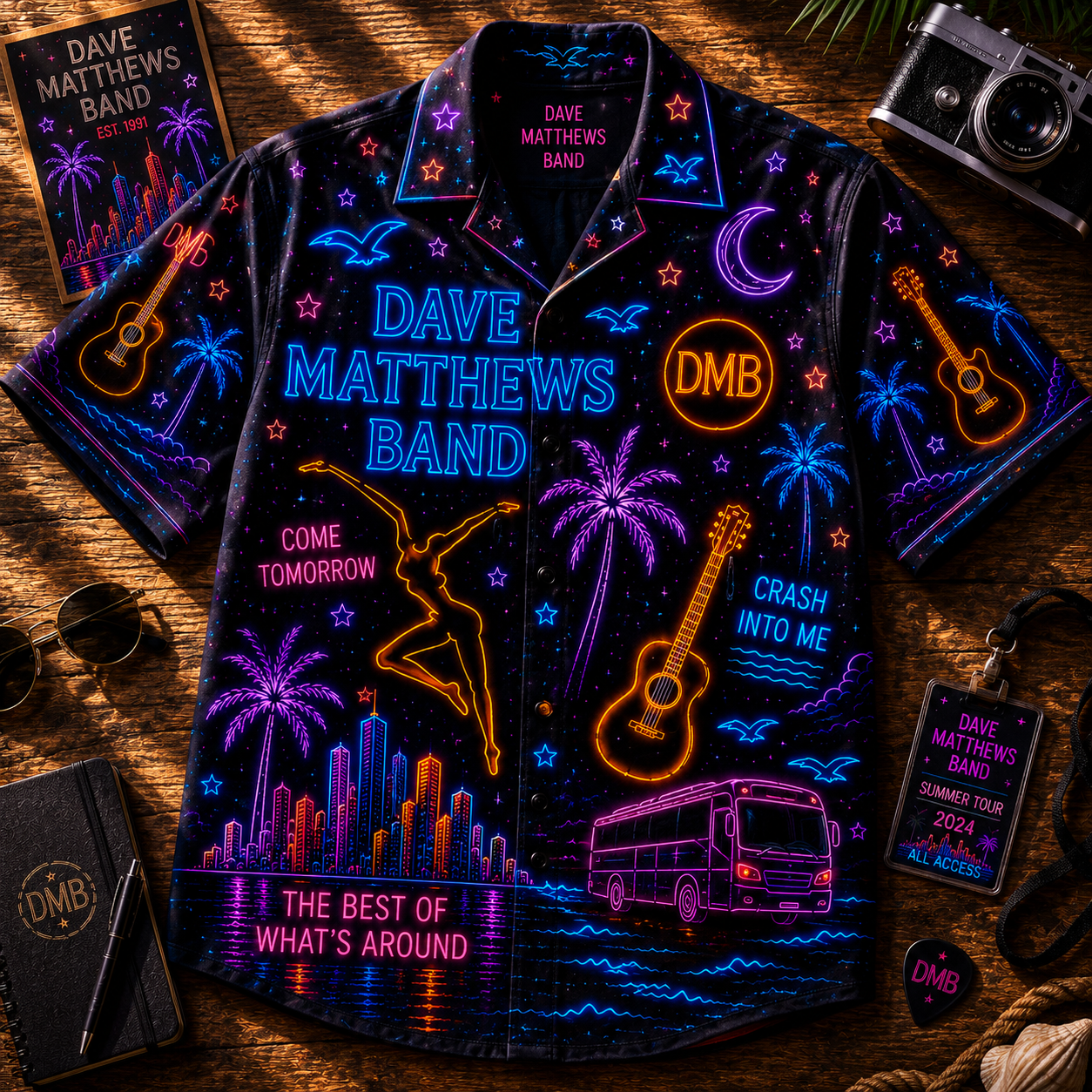 Dave Matthews Band Neon Hawaiian Shirt - Punk Rock Band All Over Print Hawaiian Shirt - Retro Music Summer Shirt
