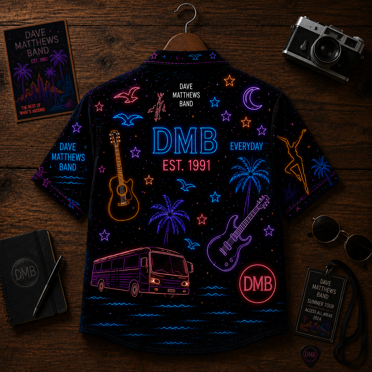 Dave Matthews Band Neon Hawaiian Shirt - Punk Rock Band All Over Print Hawaiian Shirt - Retro Music Summer Shirt