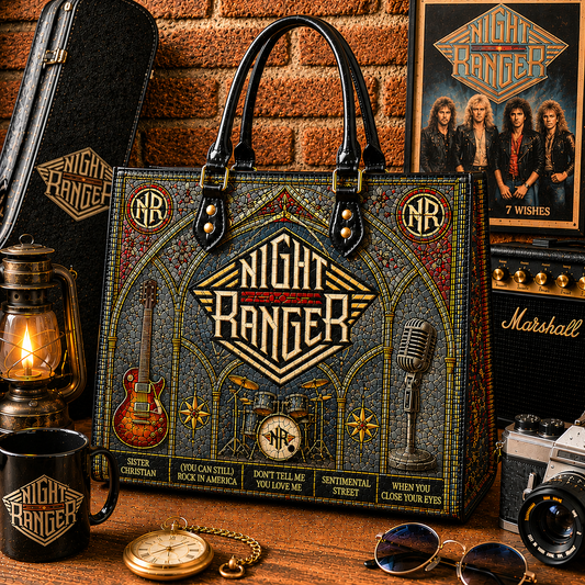 Night Ranger Leather Handbag, Leather Tote Bag, Leather Wallet Set - Stained Glass Night Ranger Band Fan Gift, Luxury Rock Music Accessories