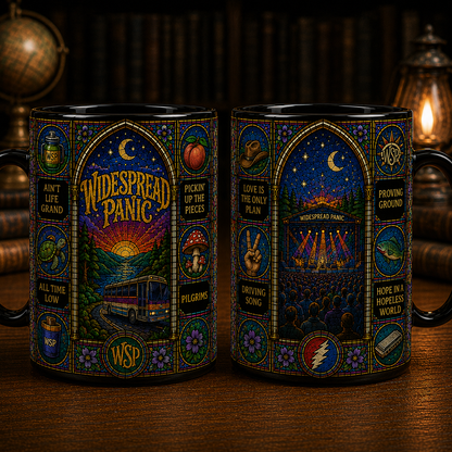 Widespread Panic Stained Glass Black Ceramic Mug – WSP Concert Inspired Coffee Mug, Colorful Jam Band Fan Gift, Psychedelic Music Lover Mug