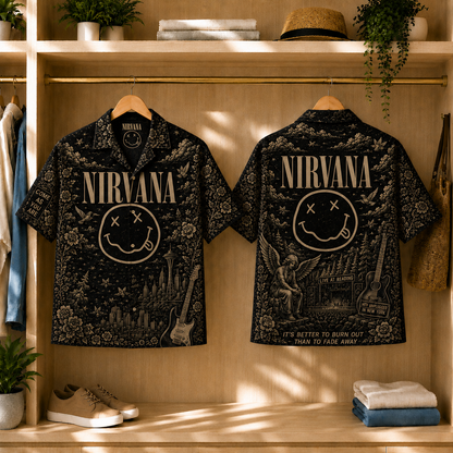Nirvana Smiley Face Toile Hawaiian Shirt - Classic Rock Vintage All-Over Print Button-Up Shirt