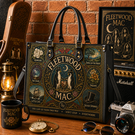 Fleetwood Mac Leather Handbag, Tote Bag and Wallet Set, Vintage Stained Glass Rumours Design, Classic Rock Music Fan Gift