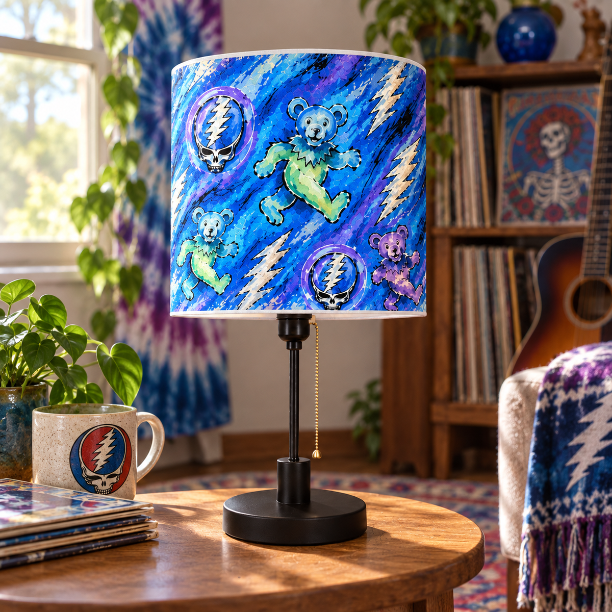 Grateful Dead Cylinder Lamp – Dancing Bears & Steal Your Face Table Light, Psychedelic Tie Dye Music Decor, Deadhead Gift