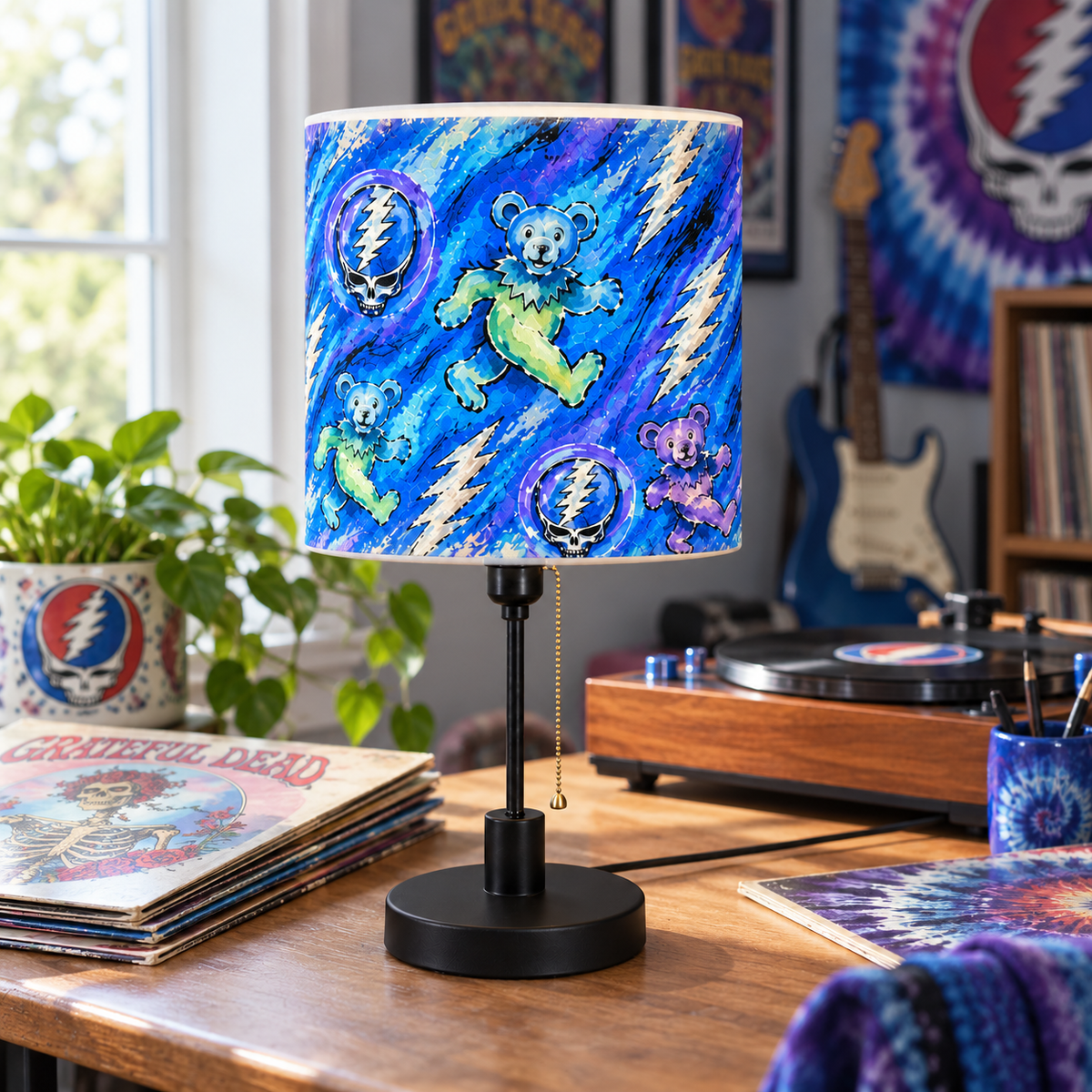 Grateful Dead Cylinder Lamp – Dancing Bears & Steal Your Face Table Light, Psychedelic Tie Dye Music Decor, Deadhead Gift