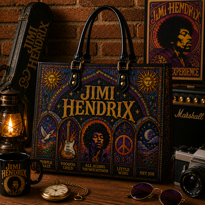 Jimi Hendrix Leather Handbag, Leather Tote Bag, Leather Wallet Set - Stained Glass Jimi Hendrix Band Fan Gift, Luxury Rock Music Accessories