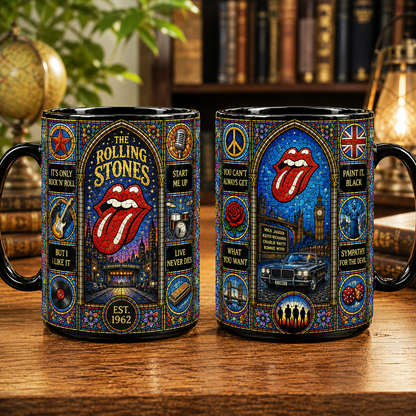 The Rolling Stones Stained Glass Ceramic Mug – Rock Band Coffee Mug, Classic Rock Gift, Rolling Stones Fan Mug