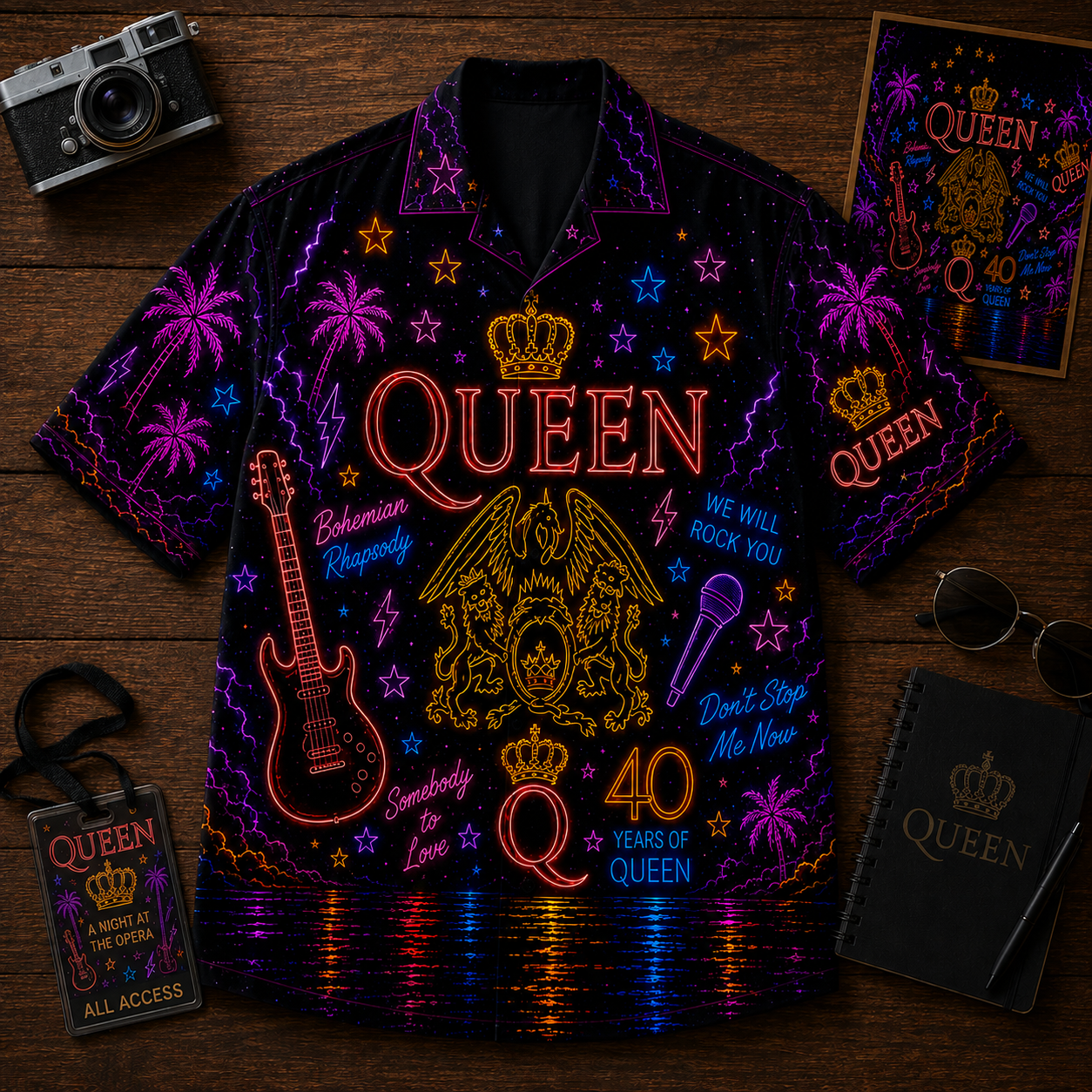 Queen Band Neon Hawaiian Shirt - Punk Rock Band All Over Print Hawaiian Shirt - Retro Music Summer Shirt