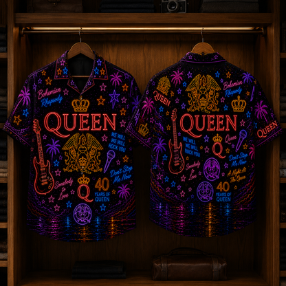 Queen Band Neon Hawaiian Shirt - Punk Rock Band All Over Print Hawaiian Shirt - Retro Music Summer Shirt