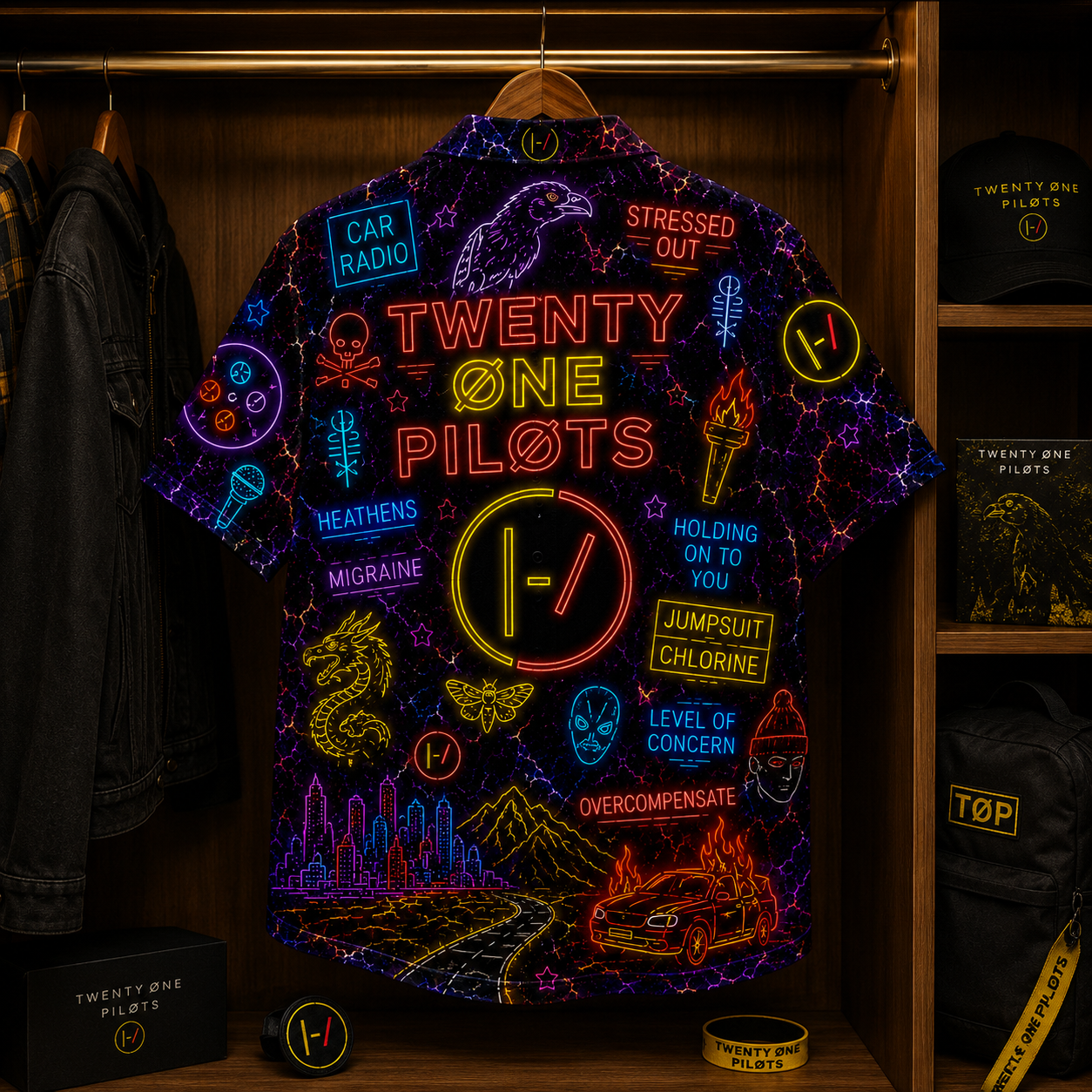 21 Plilots Neon Hawaiian Shirt - Punk Rock Band All Over Print Hawaiian Shirt - Retro Music Summer Shirt