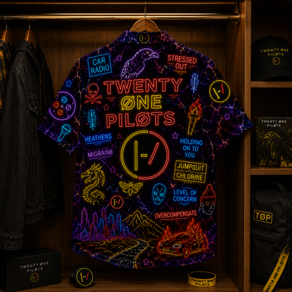 21 Plilots Neon Hawaiian Shirt - Punk Rock Band All Over Print Hawaiian Shirt - Retro Music Summer Shirt