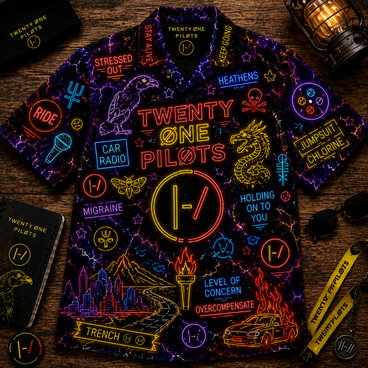 21 Plilots Neon Hawaiian Shirt - Punk Rock Band All Over Print Hawaiian Shirt - Retro Music Summer Shirt