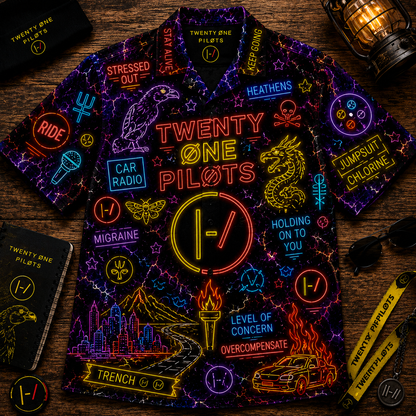 21 Plilots Neon Hawaiian Shirt - Punk Rock Band All Over Print Hawaiian Shirt - Retro Music Summer Shirt