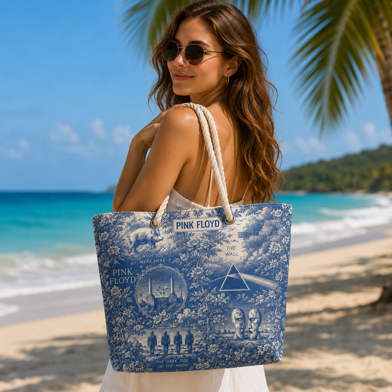 Pink Floyd Beach Tote Bag – Retro Tropical Canvas Shoulder Bag With Rope Handle