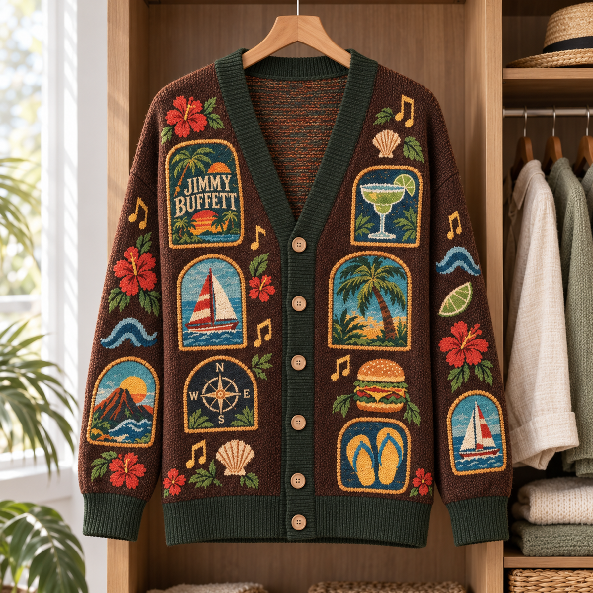 Jimmy Buffett Vintage Cardigan – Margaritaville Parrot & Tropical Island Knit Sweater, Beach Music Button Cardigan, Parrothead Gift