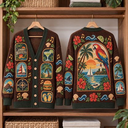 Jimmy Buffett Vintage Cardigan – Margaritaville Parrot & Tropical Island Knit Sweater, Beach Music Button Cardigan, Parrothead Gift