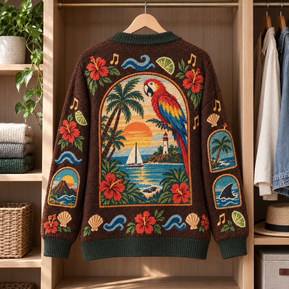 Jimmy Buffett Vintage Cardigan – Margaritaville Parrot & Tropical Island Knit Sweater, Beach Music Button Cardigan, Parrothead Gift