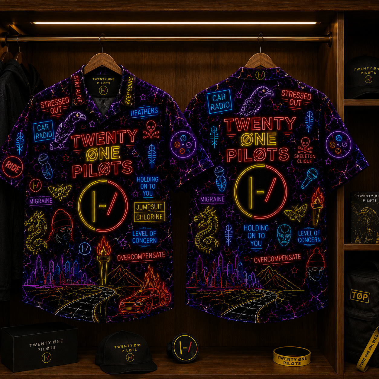21 Plilots Neon Hawaiian Shirt - Punk Rock Band All Over Print Hawaiian Shirt - Retro Music Summer Shirt