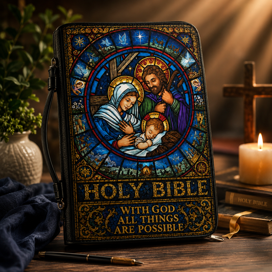 Holy Bible Cover With God All Things Are Possible- Christian Stained Glass Nativity Leather Bible Cover with Zipper
