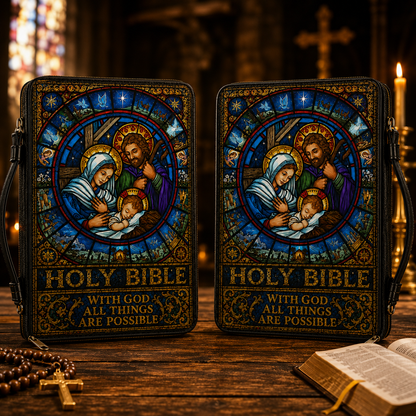 Holy Bible Cover With God All Things Are Possible- Christian Stained Glass Nativity Leather Bible Cover with Zipper