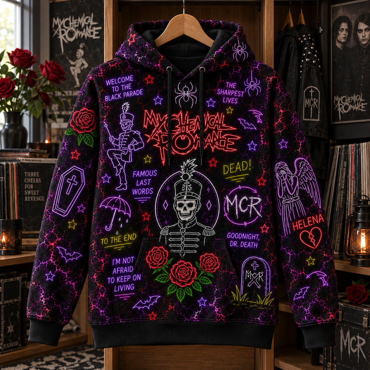 My Chemical Romance Neon Hoodie – The Black Parade 3D Printed Hoodie, Emo Rock Gothic MCR Fan Gift