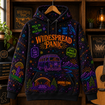Widespread Panic Neon Hoodie – Psychedelic Jam Band 3D Printed Hoodie, Space Wrangler & Driving Song Fan Gift