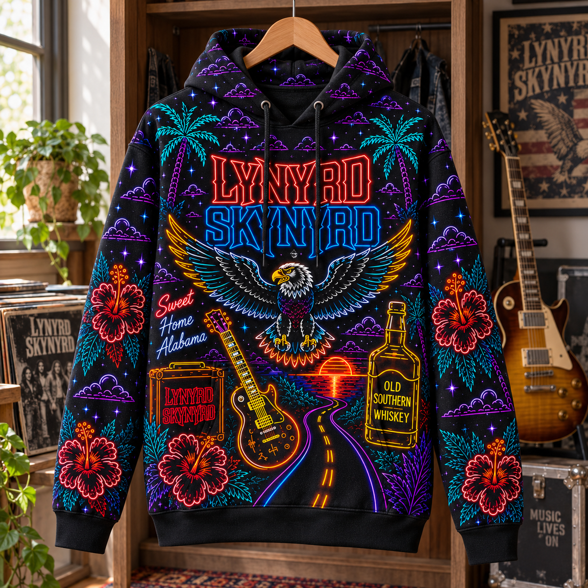 Lynyrd Skynyrd Neon Hoodie – Sweet Home Alabama 3D Printed Hoodie, Southern Rock Eagle Guitar Fan Gift