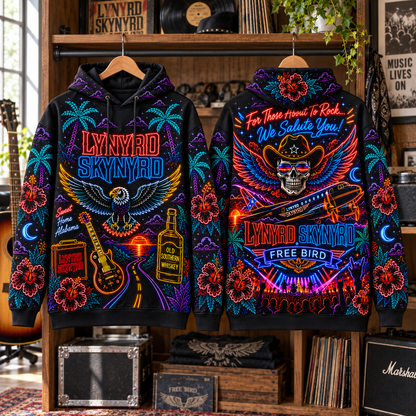 Lynyrd Skynyrd Neon Hoodie – Sweet Home Alabama 3D Printed Hoodie, Southern Rock Eagle Guitar Fan Gift