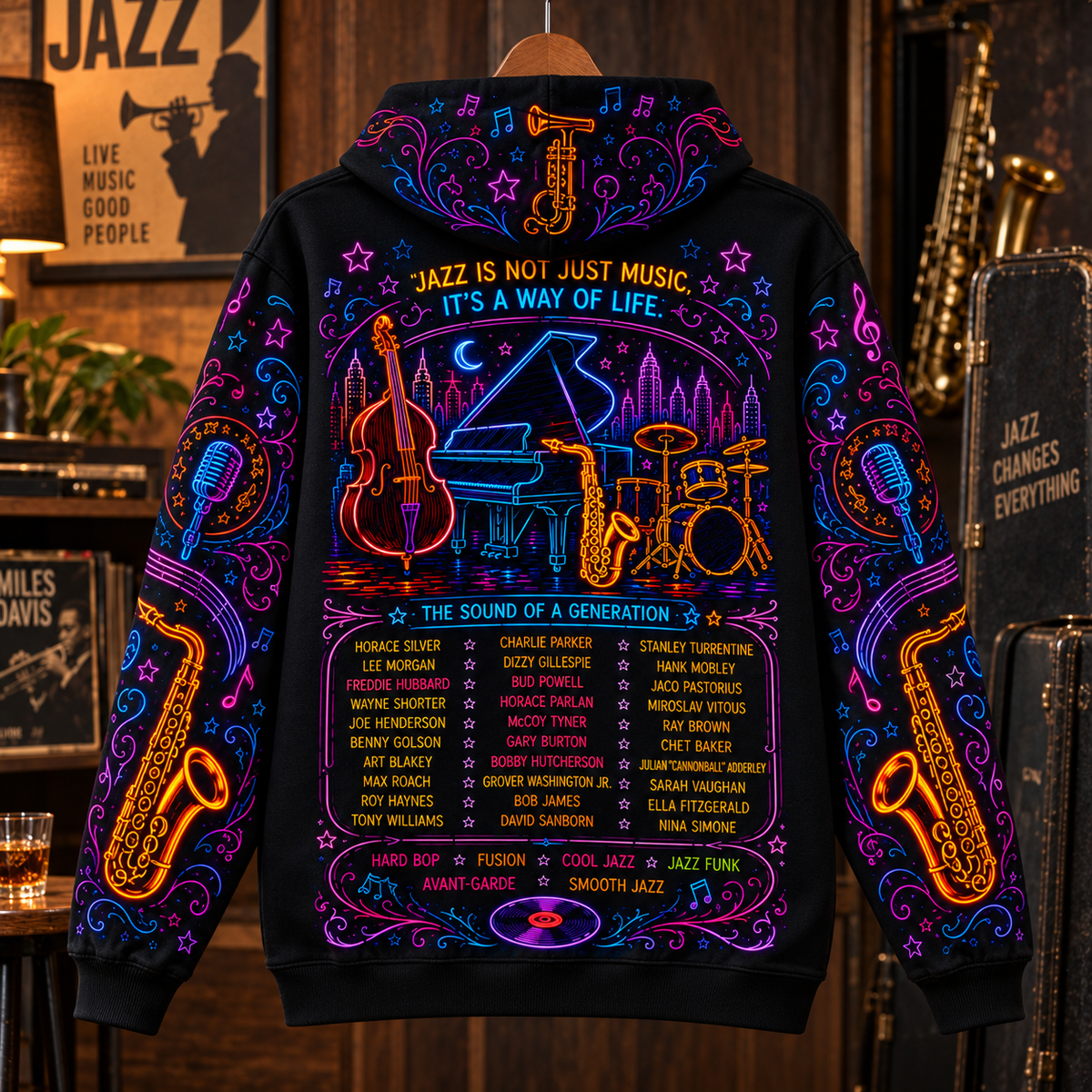 Golden Era of Jazz 70s–80s Neon Hoodie – American Jazz Masters 3D Printed Hoodie, Miles Davis & Coltrane Music Fan Gif