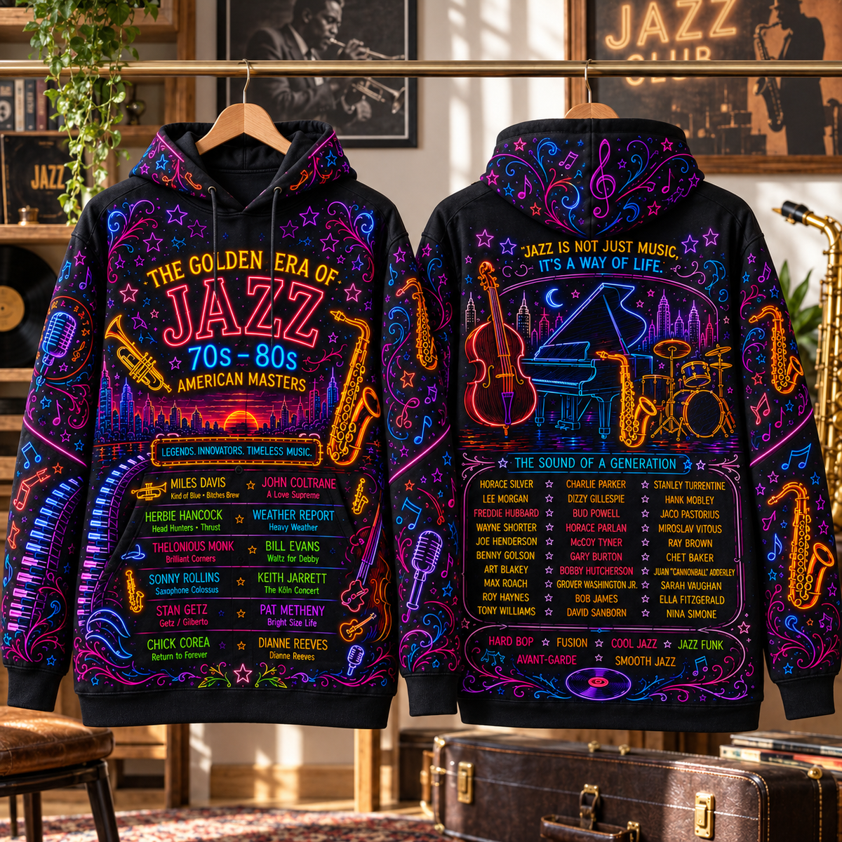 Golden Era of Jazz 70s–80s Neon Hoodie – American Jazz Masters 3D Printed Hoodie, Miles Davis & Coltrane Music Fan Gif