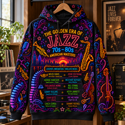 Golden Era of Jazz 70s–80s Neon Hoodie – American Jazz Masters 3D Printed Hoodie, Miles Davis & Coltrane Music Fan Gif
