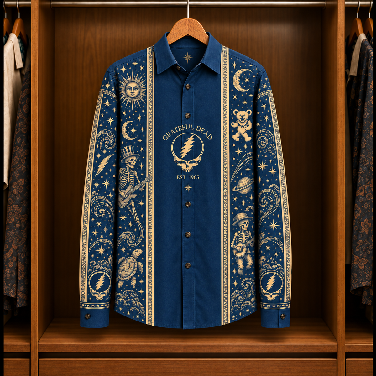 Grateful Dead Cosmic Long Sleeve Shirt – Vintage Deadhead Button Up with Steal Your Face, Terrapin & Skeleton Art, Psychedelic Rock Gift