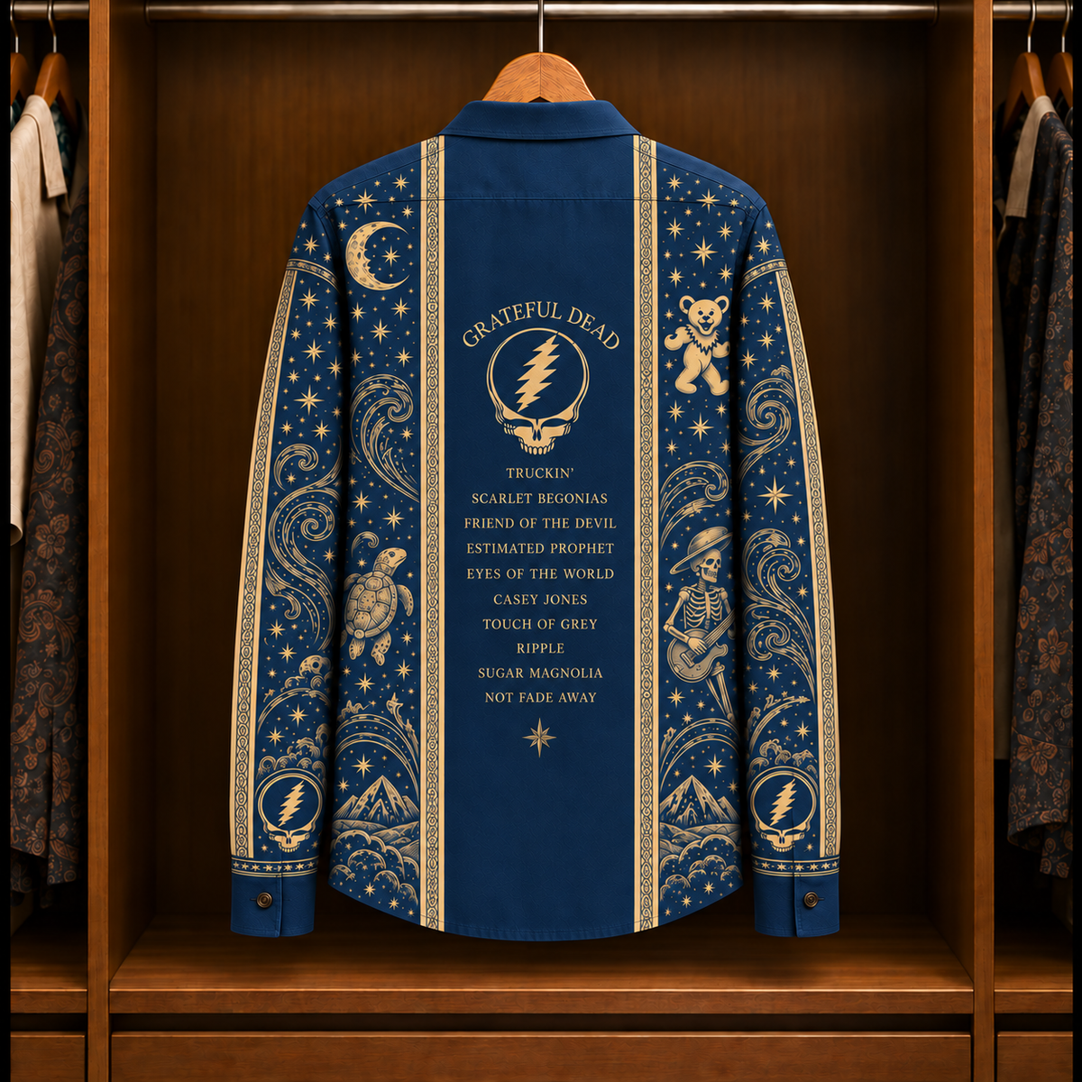 Grateful Dead Cosmic Long Sleeve Shirt – Vintage Deadhead Button Up with Steal Your Face, Terrapin & Skeleton Art, Psychedelic Rock Gift