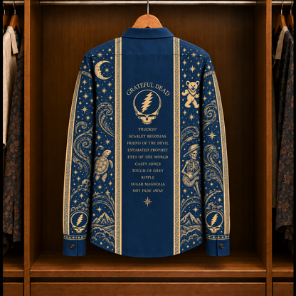 Grateful Dead Cosmic Long Sleeve Shirt – Vintage Deadhead Button Up with Steal Your Face, Terrapin & Skeleton Art, Psychedelic Rock Gift