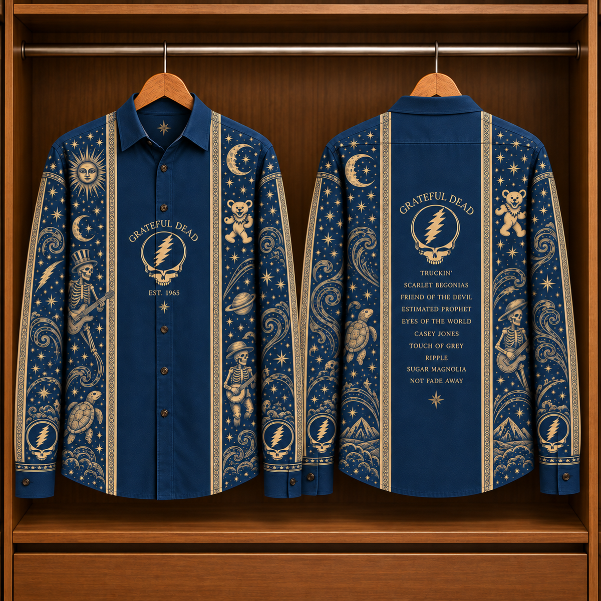 Grateful Dead Cosmic Long Sleeve Shirt – Vintage Deadhead Button Up with Steal Your Face, Terrapin & Skeleton Art, Psychedelic Rock Gift