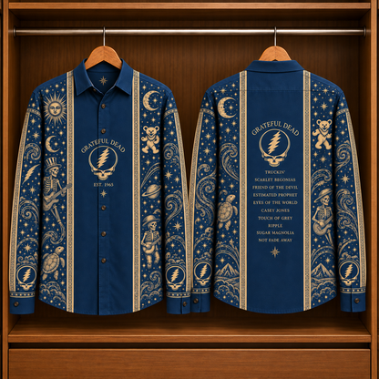 Grateful Dead Cosmic Long Sleeve Shirt – Vintage Deadhead Button Up with Steal Your Face, Terrapin & Skeleton Art, Psychedelic Rock Gift