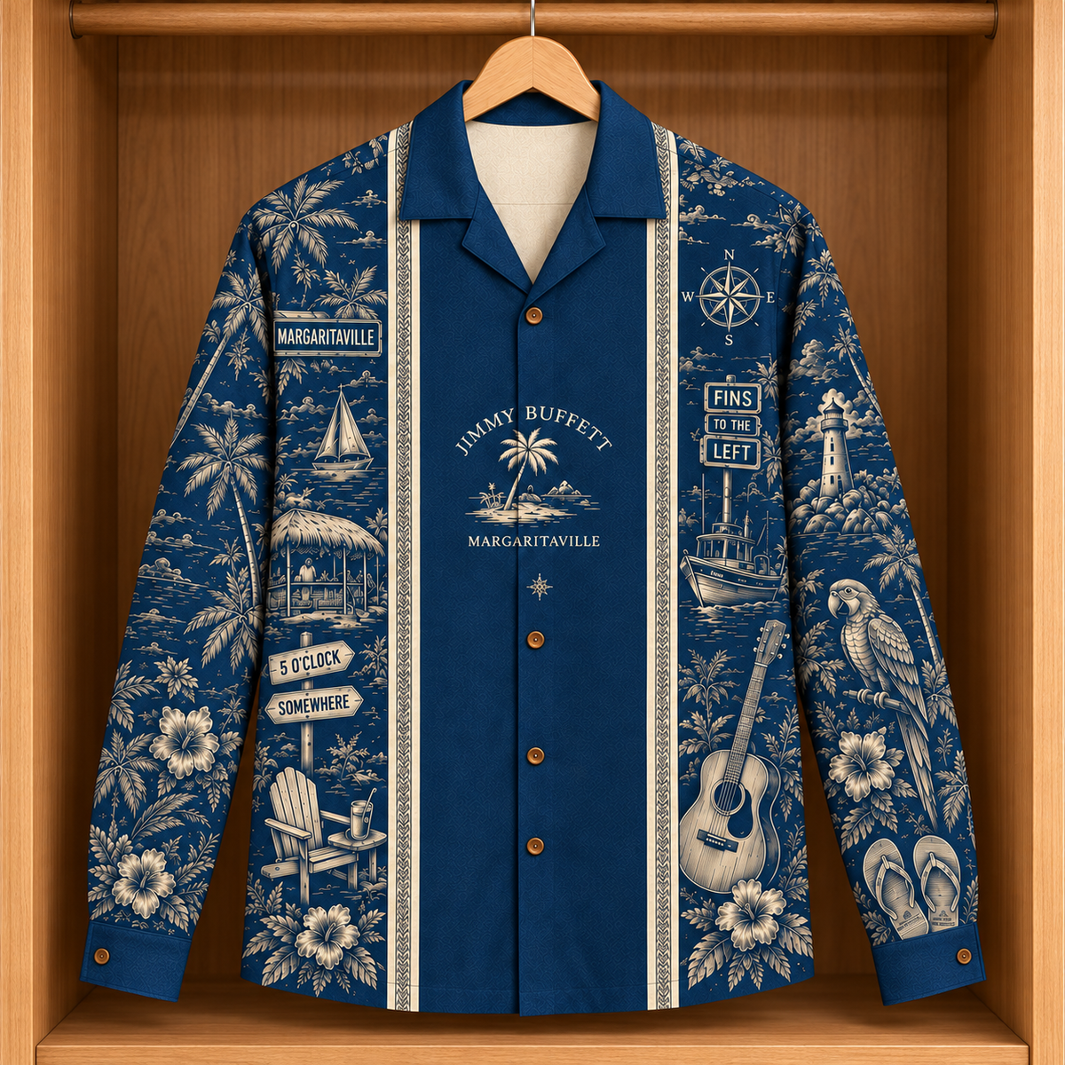 Jimmy Buffett Margaritaville Long Sleeve Shirt – Tropical Island Button Up, 5 O’Clock Somewhere Coastal Music Shirt, Parrothead Gift