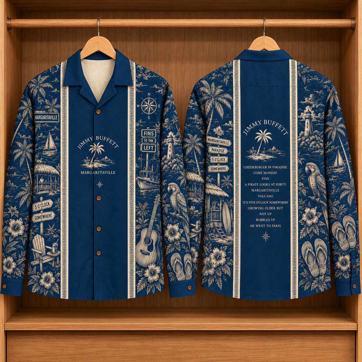 Jimmy Buffett Margaritaville Long Sleeve Shirt – Tropical Island Button Up, 5 O’Clock Somewhere Coastal Music Shirt, Parrothead Gift