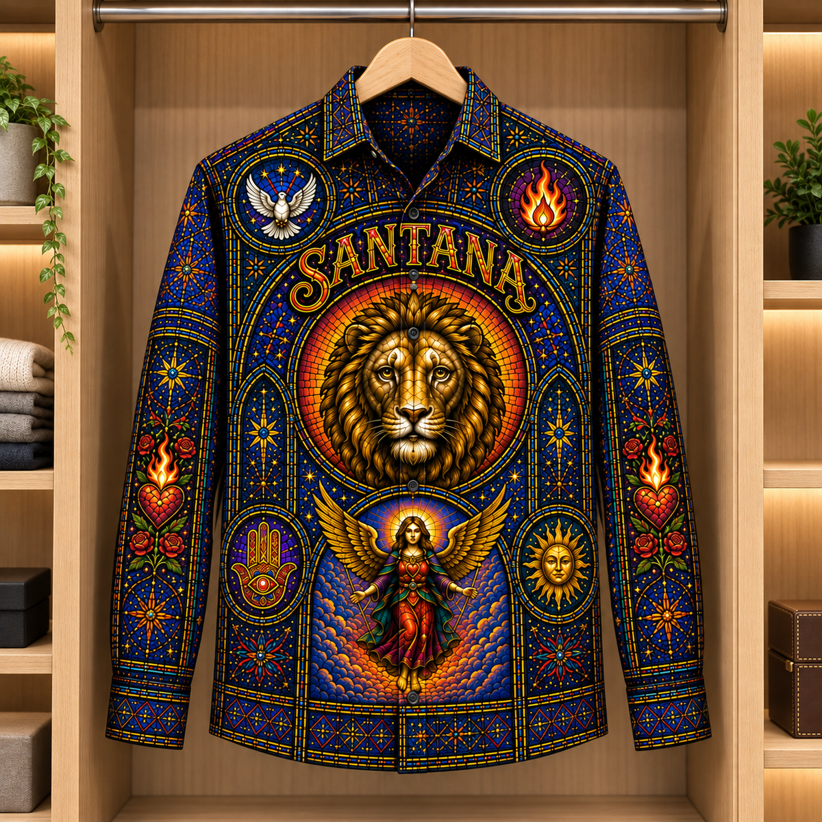Santana Stained Glass Long Sleeve Shirt – Lion, Sacred Heart & Angel Latin Rock Button Up, Colorful Spiritual Music Fan Gift
