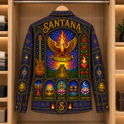 Santana Stained Glass Long Sleeve Shirt – Lion, Sacred Heart & Angel Latin Rock Button Up, Colorful Spiritual Music Fan Gift